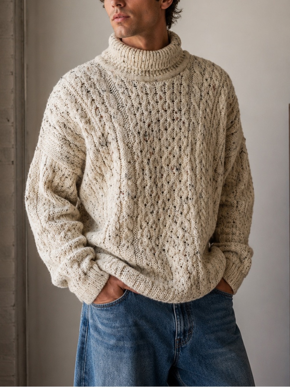 Carraig Donn Size XL Ivory Flecked Cable Knit 100% Irish Wool Turtleneck Sweater